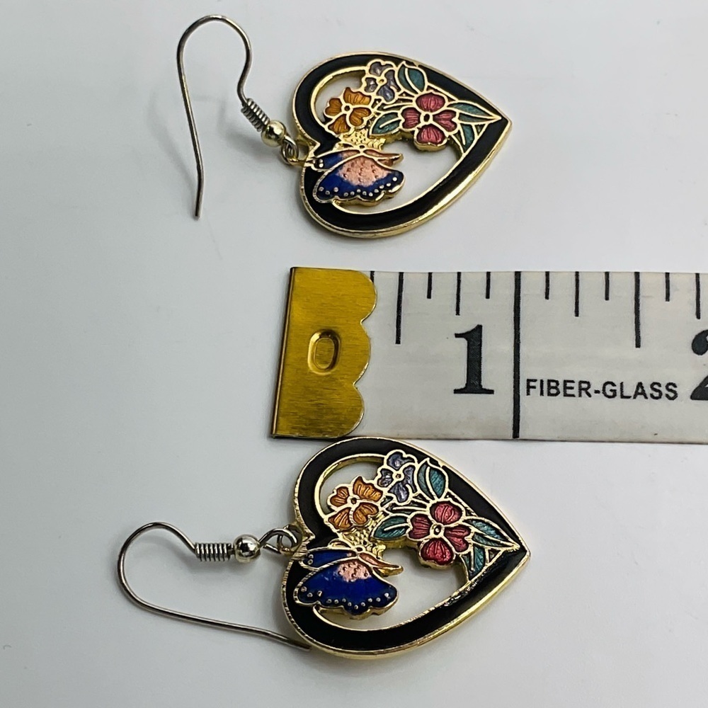VTG Earrings Cloisonne Flower Butterfly Gold Tone 80s Jewelry Heart Gift Black - Picture 8 of 8